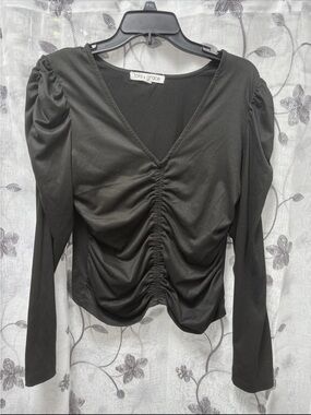 Black Ruched V-Neck Blouse